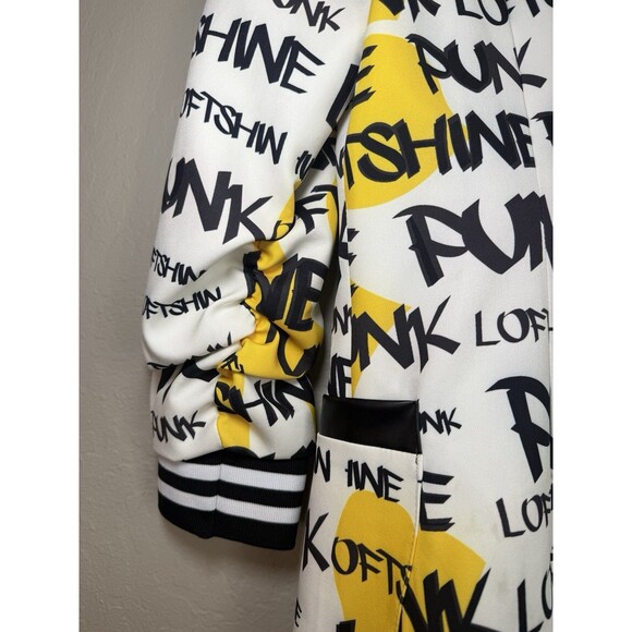 WHY Dress Rare Graffiti Print Jacket White Yellow Black Pockets 2 Buttons, Large - Picture 6 of 11